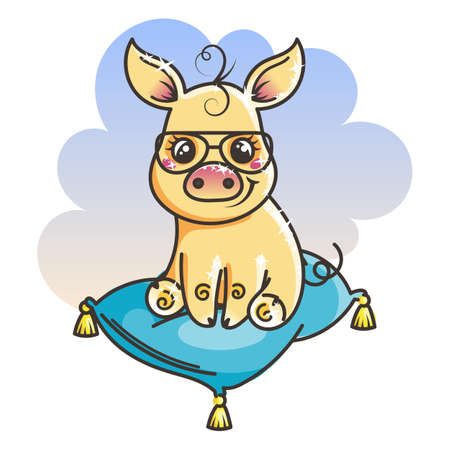 2019 year symbol. Cute cartoon golden baby pig in a cool sunglasses. Vector illustrationのイラスト素材