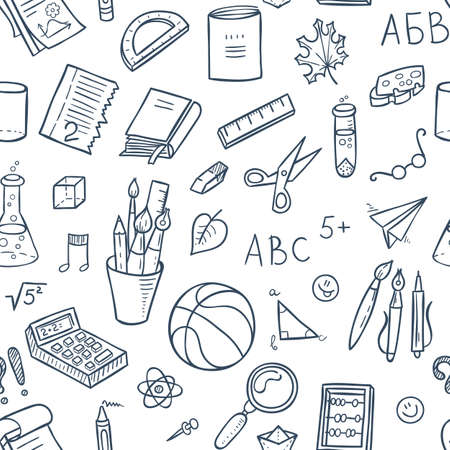 Seamless lined back to school pattern with supplies stationary and other creative elements. Fun cute vector line background.のイラスト素材