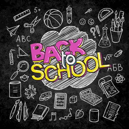 Back to School lined supplies collection. Sketchy notebook doodles set with lettering. Vector illustration design elements on black chalkboardのイラスト素材
