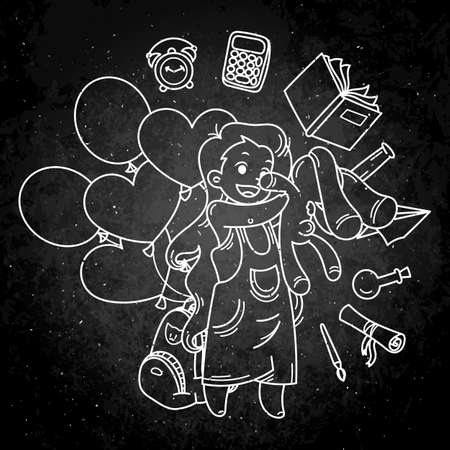 Cute girl ready to School. Vector illustration for books, prints, posters, cards. Chalk cartoon on a blackboard.のイラスト素材