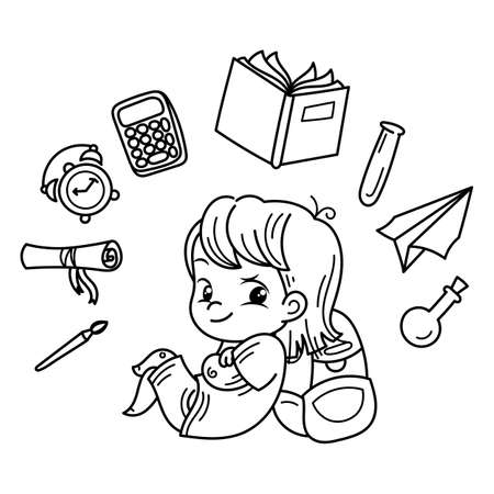 Cute boy ready for School. Vector illustration for books, prints, posters, cards. Coloring pageのイラスト素材