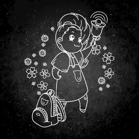Cute girl is ringing the School Bell. Vector illustration for books, prints, posters, cards. Chalk cartoon on a blackboardのイラスト素材