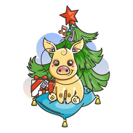 Happy New 2019 Year card with cartoon golden baby pig. Small vector symbol of holiday with music player.のイラスト素材