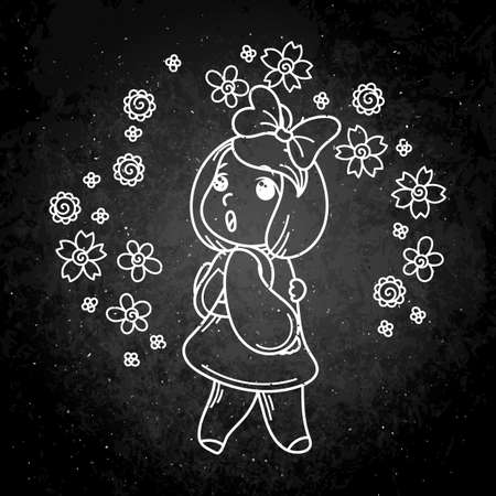 Cute girl ready to School. Vector illustration for books, prints, posters, cards. Chalk cartoon on a blackboard.のイラスト素材