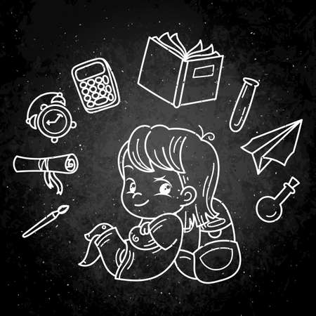 Cute boy ready for School. Vector illustration for books, prints, posters, cards. Chalk cartoon on a blackboardのイラスト素材
