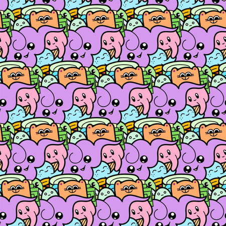 Funny doodle monsters seamless pattern for prints, designs and coloring books. Vector illustrationのイラスト素材