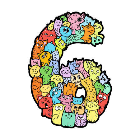 Number Six. Hand drawn doodled kids numbers. Cute monstred numbers, math symbols. Vector illustration for web, design, decoration, education, prints, cards, designのイラスト素材