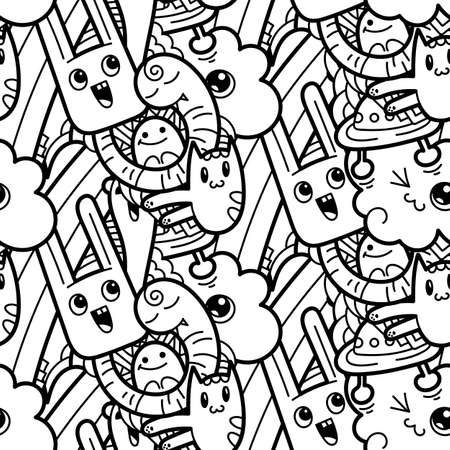 Funny doodle monsters seamless pattern for prints, designs and coloring books. Black and white lined vector illustrationのイラスト素材