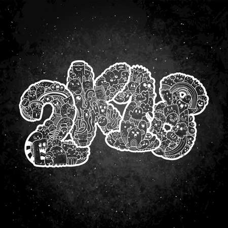 New year 2K18. Monster doodle date. Ornate holiday symbol. Vector illustration for prints and design on a blackboardのイラスト素材