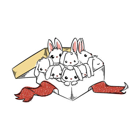 Holiday card with Cute Rabbits in a present box. Cartoon vector illustration for greetings card, design, print, coloring.のイラスト素材