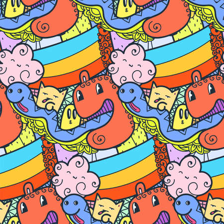 Funny doodle monsters seamless pattern for prints, designs and coloring books. Vector illustrationのイラスト素材