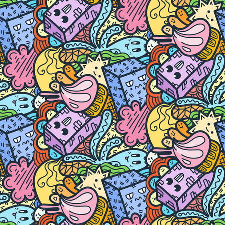 Funny doodle monsters seamless pattern for prints, designs and coloring books. Vector illustrationのイラスト素材
