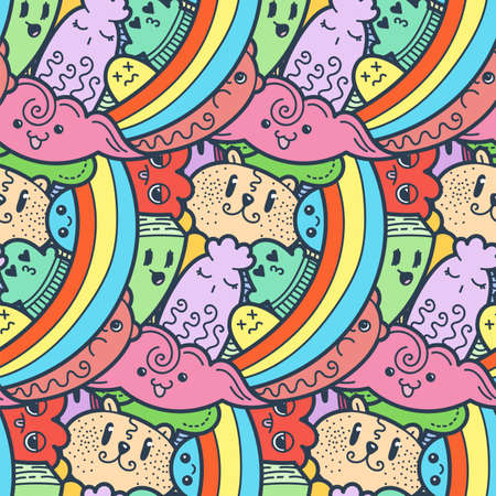 Funny doodle monsters seamless pattern for prints, designs and coloring books. Vector illustrationのイラスト素材