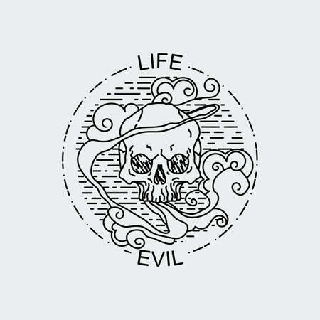 Life evil. Vector illustration of black and white tattoo graphic human skull. Lined symbolのイラスト素材