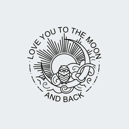 Love you to the moon and back. Vintage illustration of thin line owl icon with owl. Vector bird graphic design , print, label, badge, sticker, emblem, sign, identity.のイラスト素材