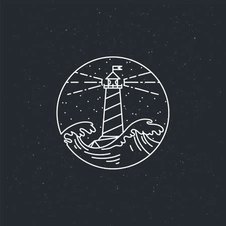 Vintage illustration of thin line sea beacon icon. Vector bird graphic design logo, print, label, badge, sticker, emblem, sign, identity.のイラスト素材