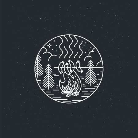 Night camp with fire and barbecue. Nature exploration vector vintage poster. Modern flat linear vector illustration. Retro wildlife postcardのイラスト素材