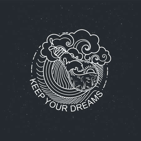 Keep your dreams. Vintage illustration of thin line magic bulb with ocean. Vector graphic design logo, print, label, badge, sticker, emblem, sign, identity.のイラスト素材