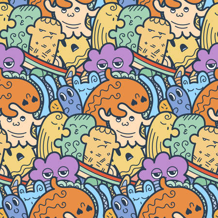 Funny doodle monsters seamless pattern for prints, designs and coloring books. Vector illustrationのイラスト素材