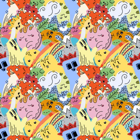 Funny doodle monsters on seamless pattern for prints, cards, designs and coloring books. Vector illustrationのイラスト素材