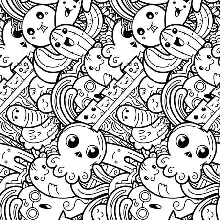 Funny doodle monsters on seamless pattern for prints, cards, designs and coloring books. Vector illustrationのイラスト素材