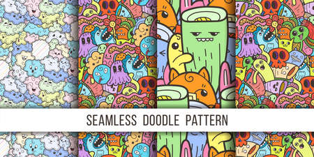 Collection of funny doodle monsters seamless pattern for prints, designs and coloring books. Vector illustrationのイラスト素材