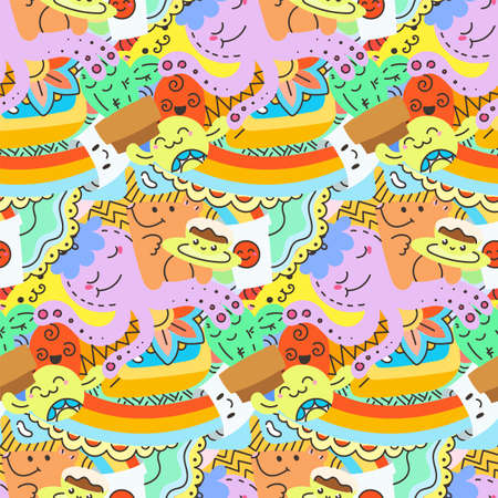 Funny doodle monsters on seamless pattern for prints, cards, designs and coloring books. Vector illustrationのイラスト素材