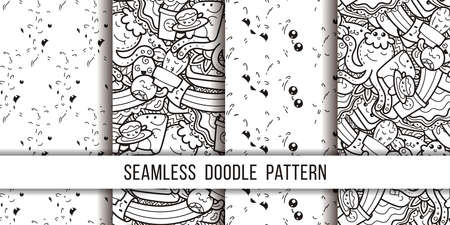 Collection of funny doodle monsters and box seamless pattern for prints, designs and coloring books. Vector illustrationのイラスト素材