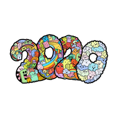 New year 2020. Monster doodle date. Ornate holiday symbol. Vector illustration for prints and design.のイラスト素材