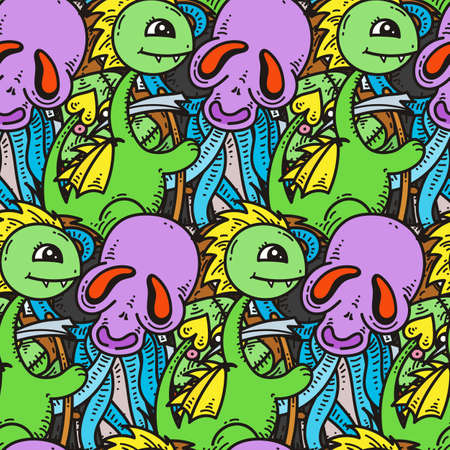 Seamless pattern with cute cartoon monsters. Ready for packaging, wrapping paper, prints, wallpaper, fabric, textile, fashion, home decor, etc. Vector illustrationのイラスト素材