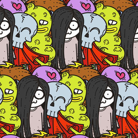 Seamless pattern with cute cartoon monsters. Ready for packaging, wrapping paper, prints, wallpaper, fabric, textile, fashion, home decor, etc. Vector illustrationのイラスト素材