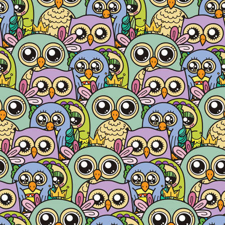 Seamless pattern with cute cartoon owls and furry owlets in pastel colors. Vector illustration.のイラスト素材