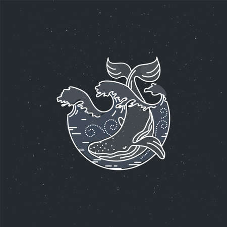 Huge Whale with sun ocean. Nature exploration poster or labelのイラスト素材