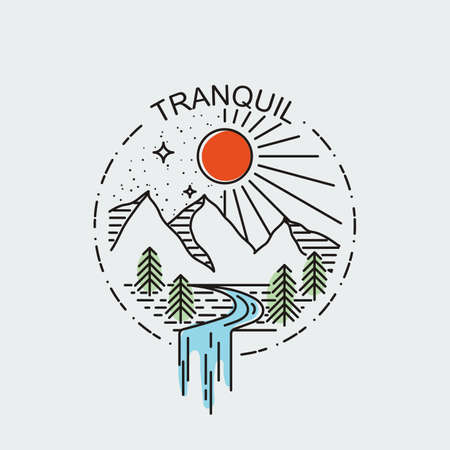 Tranquil. Mountains in day and night. Nature exploration vector vintage poster. Modern flat linear vector illustration. Retro wildlife postcard with stars and forestのイラスト素材