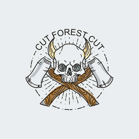 Cut forest cut. Vector illustration of color tattoo graphic human skull with axes and horns. Lined symbolのイラスト素材