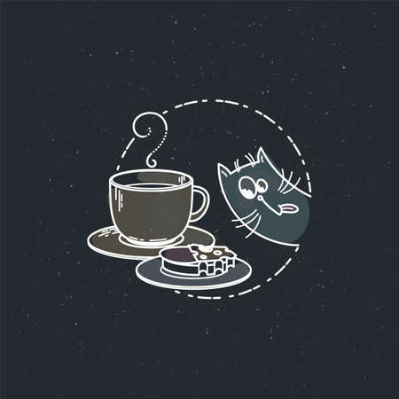 Vector card with cute cat with cup and a sandwich. Tea time, coffee or cocoa. Illustration for prints, designs, coloring booksのイラスト素材