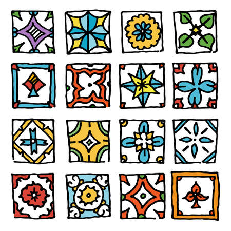 Set of grunge tiles. Vintage Islam, Arabic, Indian, ottoman decorative design elements. Patchwork handdrawn motifs. Vector collectionのイラスト素材
