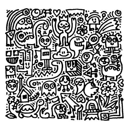 Cartoon cute doodles hand drawn grunge illustration. Line art scribble detailed, with lots of objects and lines background. Funny and crazy vector artworkのイラスト素材