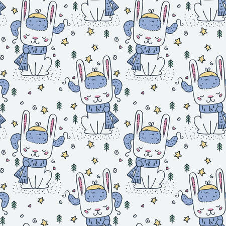 Seamless cute childish pattern with hand drawn cute animals. Creative doodle kids texture for fabric, wrapping, textile, wallpaper, prints, apparel. Vector illustrationのイラスト素材