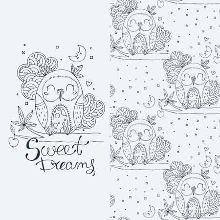 Set of seamless cute childish pattern and doodle cut image with hand drawn cute animals. Creative doodle kids texture for fabric, wrapping, textile, wallpaper, prints, apparel. Vector illustrationのイラスト素材
