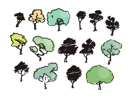 Trees sketch set, cartoon vintage illustration, ink draw engraved style, hand drawn isolates. Vector imageのイラスト素材