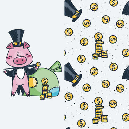 Set of cute cartoon animal and seamless pattern. Vector clip art illustration for children design, cards, prints, coloring booksのイラスト素材