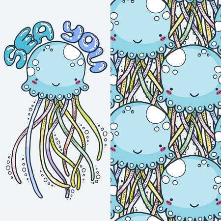 Sea you. Set of cute cartoon animal and seamless pattern. Vector clip art illustration for children design, cards, prints, coloring booksのイラスト素材