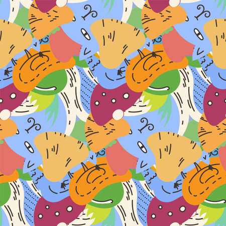 Cute seamless forest pattern with mushrooms. Nice for prints, design, colorings, cards, textile. Vector illustrationのイラスト素材