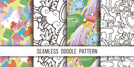 Collection of seamless vector patterns with cute cartoon monsters and beasts. Nice for packaging, wrapping paper, coloring pages, wallpaper, fabric, fashion, home decor, prints etc. Vector illustrationのイラスト素材