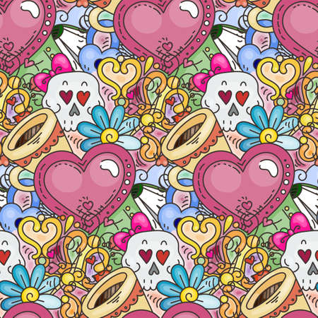 Graffiti seamless pattern with love style doodles. Vector background with childish swag and crazy elements. Trendy linear style endless imageのイラスト素材