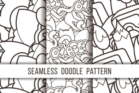 Collection of funny doodle monsters and abstract seamless pattern for prints, designs and coloring books. Vector illustrationのイラスト素材