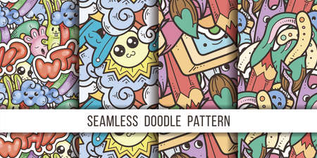 Collection of funny doodle monsters and abstract seamless pattern for prints, designs and coloring books. Vector illustrationのイラスト素材