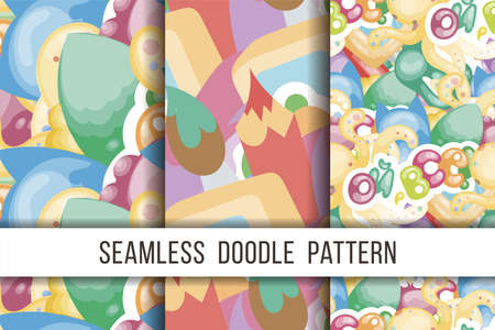 Collection of funny doodle monsters and abstract seamless pattern for prints, designs and coloring books. Vector illustrationのイラスト素材