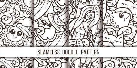 Collection of funny doodle monsters and abstract seamless pattern for prints, designs and coloring books. Vector illustrationのイラスト素材